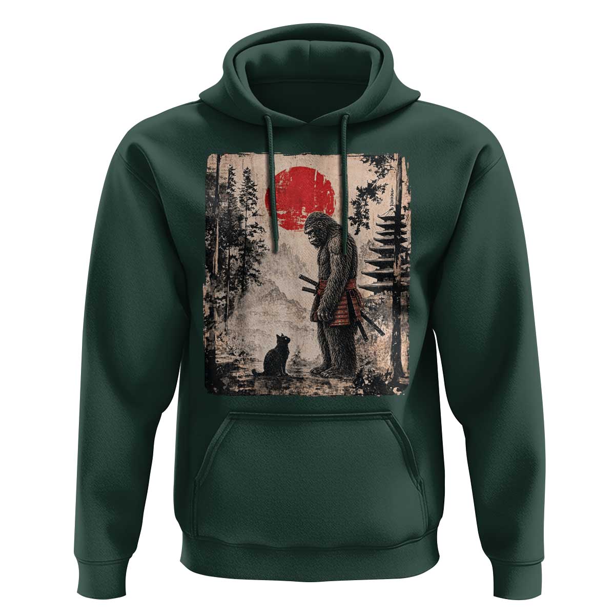 Vintage Japanese Art Bigfoot Samurai Warrior and Black Cat Hoodie Sasquatch Lovers Vintage Graphic Ukiyo-e Art