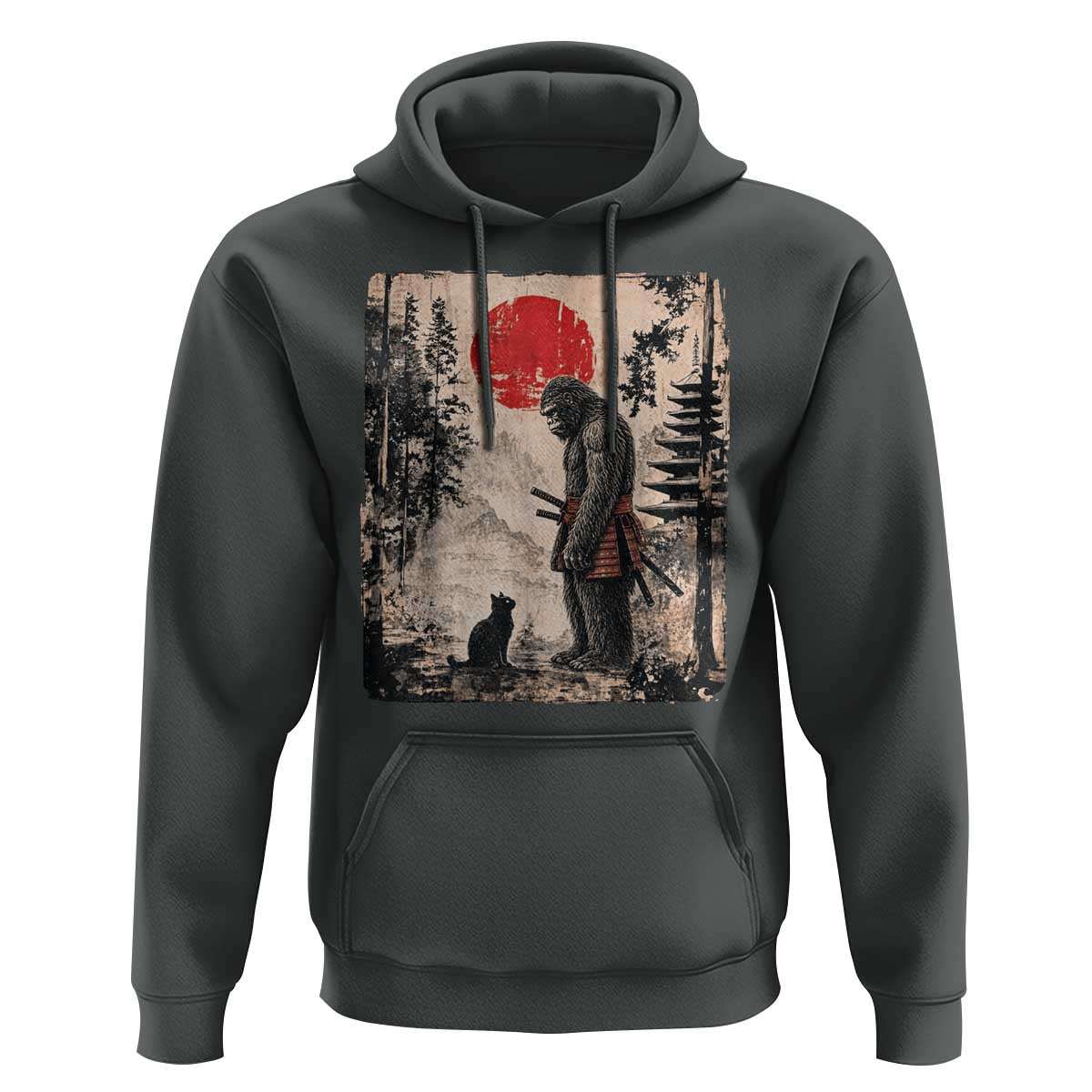 Vintage Japanese Art Bigfoot Samurai Warrior and Black Cat Hoodie Sasquatch Lovers Vintage Graphic Ukiyo-e Art