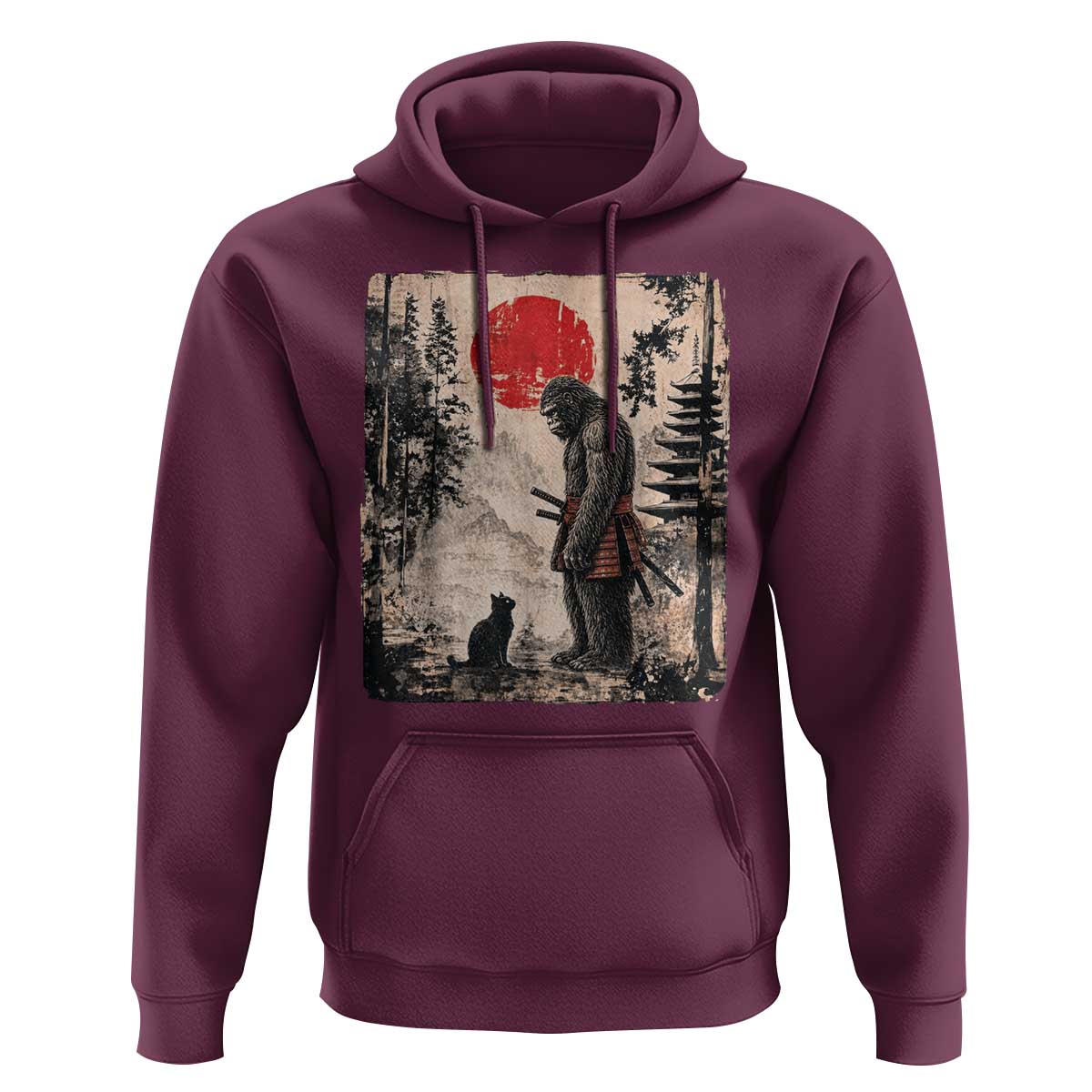 Vintage Japanese Art Bigfoot Samurai Warrior and Black Cat Hoodie Sasquatch Lovers Vintage Graphic Ukiyo-e Art
