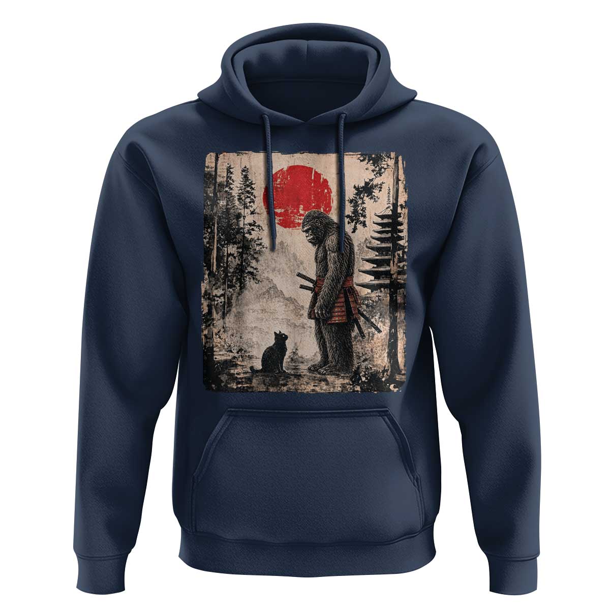 Vintage Japanese Art Bigfoot Samurai Warrior and Black Cat Hoodie Sasquatch Lovers Vintage Graphic Ukiyo-e Art