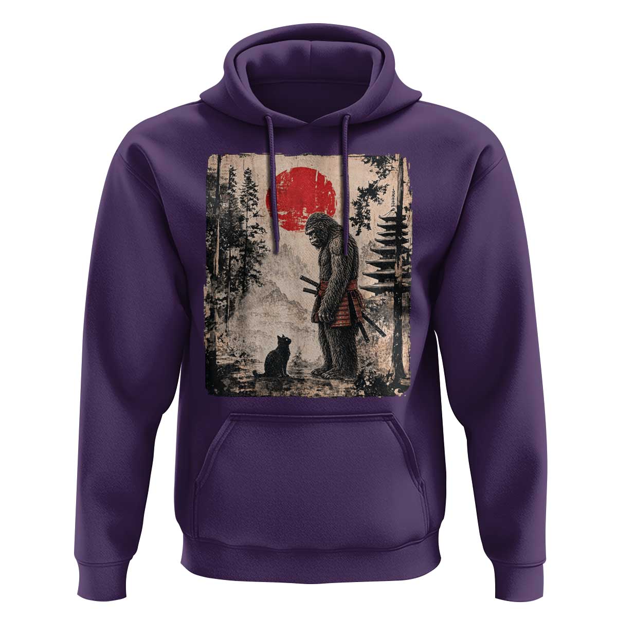 Vintage Japanese Art Bigfoot Samurai Warrior and Black Cat Hoodie Sasquatch Lovers Vintage Graphic Ukiyo-e Art