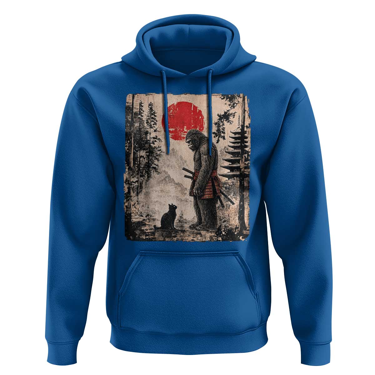 Vintage Japanese Art Bigfoot Samurai Warrior and Black Cat Hoodie Sasquatch Lovers Vintage Graphic Ukiyo-e Art