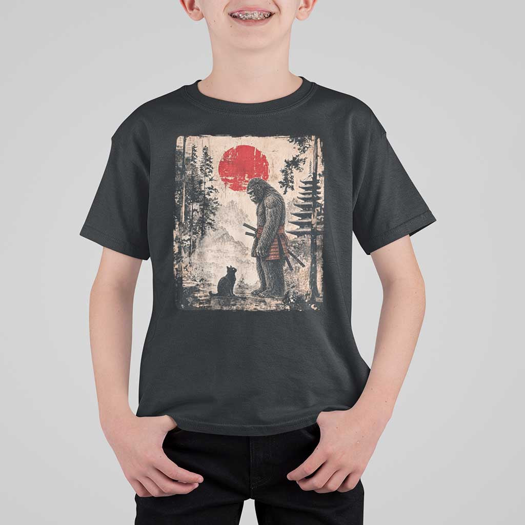 Vintage Japanese Art Bigfoot Samurai Warrior and Black Cat T Shirt For Kid Sasquatch Lovers Vintage Graphic Ukiyo-e Art