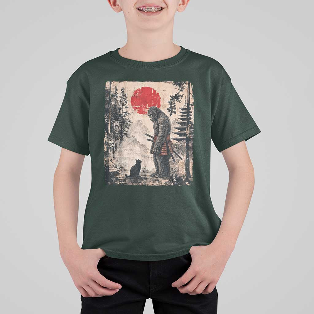 Vintage Japanese Art Bigfoot Samurai Warrior and Black Cat T Shirt For Kid Sasquatch Lovers Vintage Graphic Ukiyo-e Art