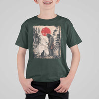 Vintage Japanese Art Bigfoot Samurai Warrior and Black Cat T Shirt For Kid Sasquatch Lovers Vintage Graphic Ukiyo-e Art