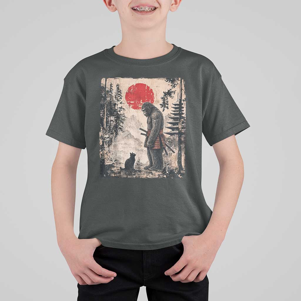 Vintage Japanese Art Bigfoot Samurai Warrior and Black Cat T Shirt For Kid Sasquatch Lovers Vintage Graphic Ukiyo-e Art
