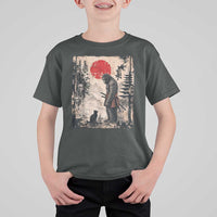 Vintage Japanese Art Bigfoot Samurai Warrior and Black Cat T Shirt For Kid Sasquatch Lovers Vintage Graphic Ukiyo-e Art