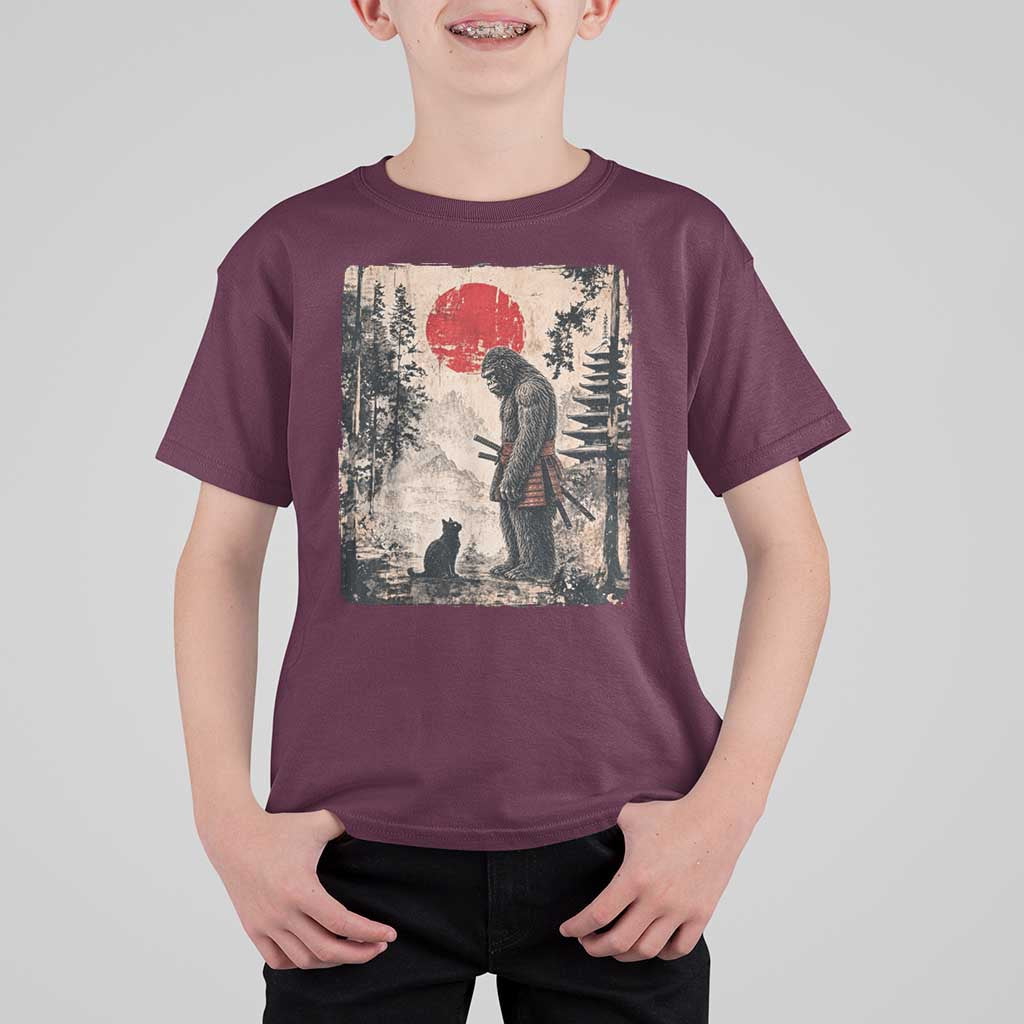 Vintage Japanese Art Bigfoot Samurai Warrior and Black Cat T Shirt For Kid Sasquatch Lovers Vintage Graphic Ukiyo-e Art