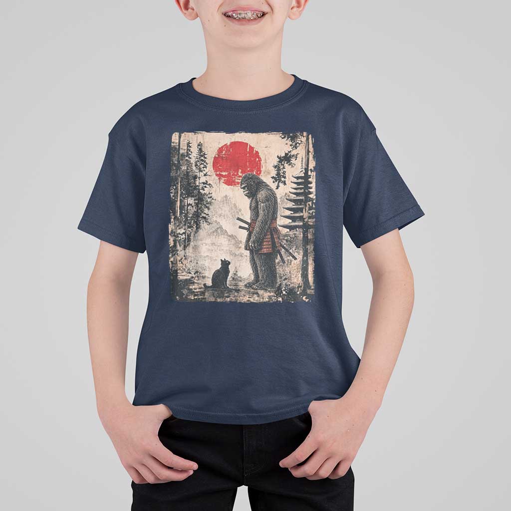 Vintage Japanese Art Bigfoot Samurai Warrior and Black Cat T Shirt For Kid Sasquatch Lovers Vintage Graphic Ukiyo-e Art