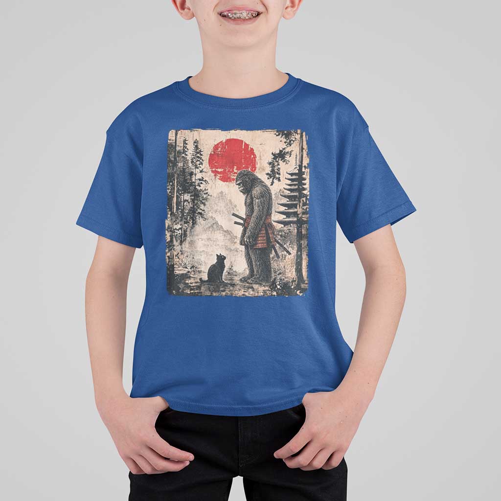 Vintage Japanese Art Bigfoot Samurai Warrior and Black Cat T Shirt For Kid Sasquatch Lovers Vintage Graphic Ukiyo-e Art
