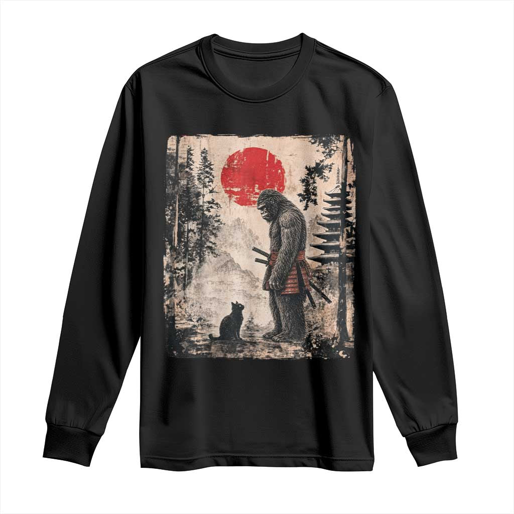 Vintage Japanese Art Bigfoot Samurai Warrior and Black Cat Long Sleeve Shirt Sasquatch Lovers Vintage Graphic Ukiyo-e Art