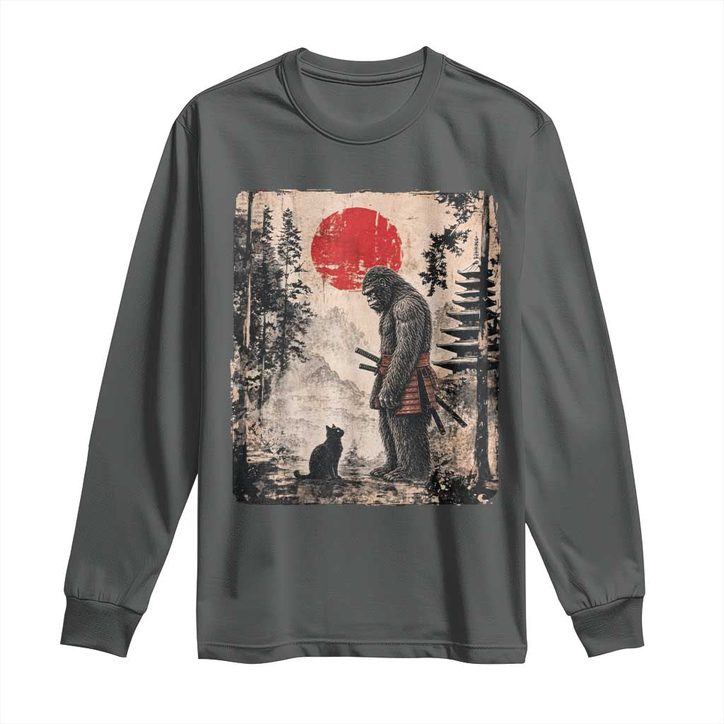 Vintage Japanese Art Bigfoot Samurai Warrior and Black Cat Long Sleeve Shirt Sasquatch Lovers Vintage Graphic Ukiyo-e Art