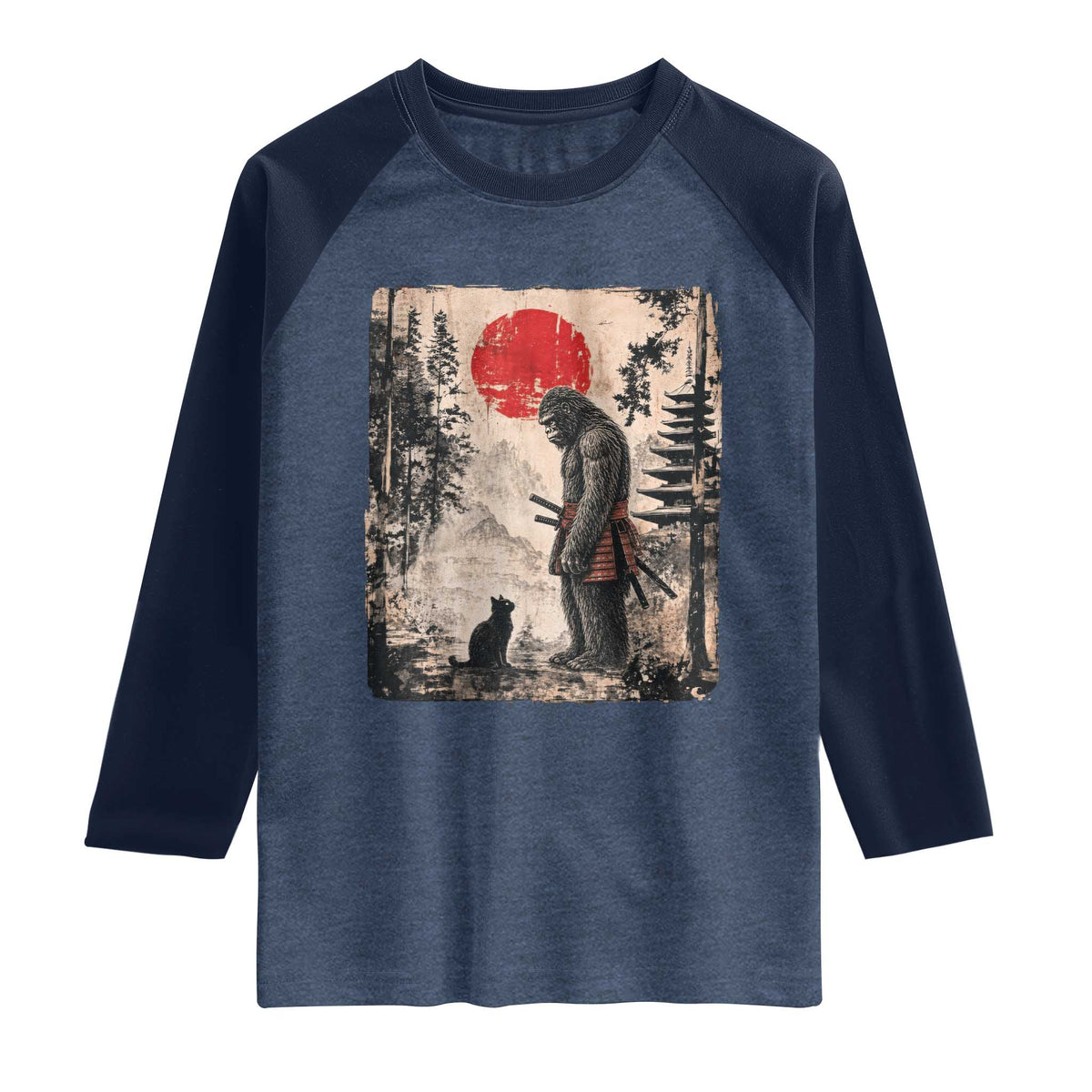 Vintage Japanese Art Bigfoot Samurai Warrior and Black Cat Raglan Shirt Sasquatch Lovers Vintage Graphic Ukiyo-e Art