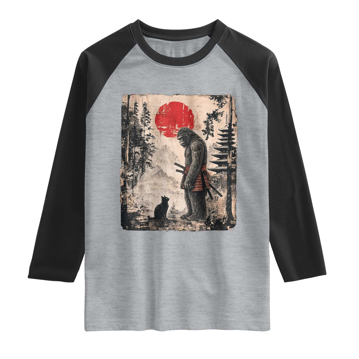 Vintage Japanese Art Bigfoot Samurai Warrior and Black Cat Raglan Shirt Sasquatch Lovers Vintage Graphic Ukiyo-e Art