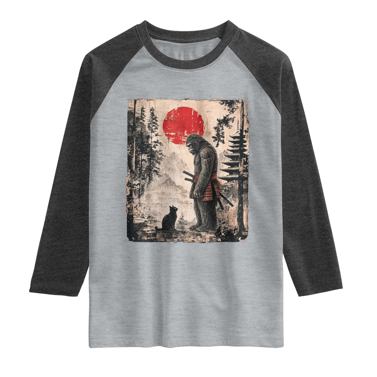Vintage Japanese Art Bigfoot Samurai Warrior and Black Cat Raglan Shirt Sasquatch Lovers Vintage Graphic Ukiyo-e Art
