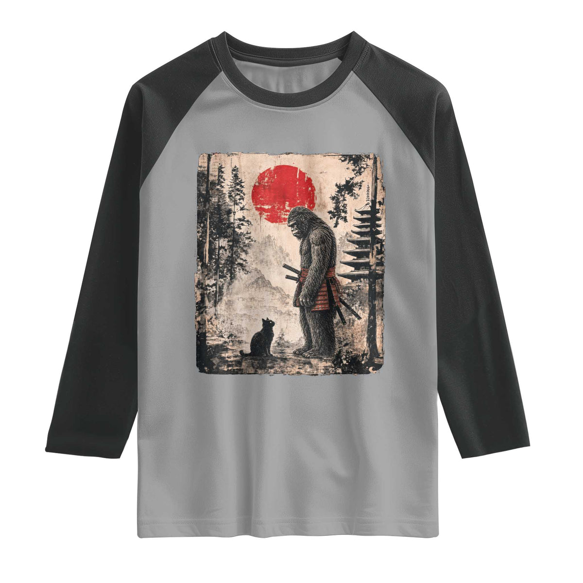 Vintage Japanese Art Bigfoot Samurai Warrior and Black Cat Raglan Shirt Sasquatch Lovers Vintage Graphic Ukiyo-e Art