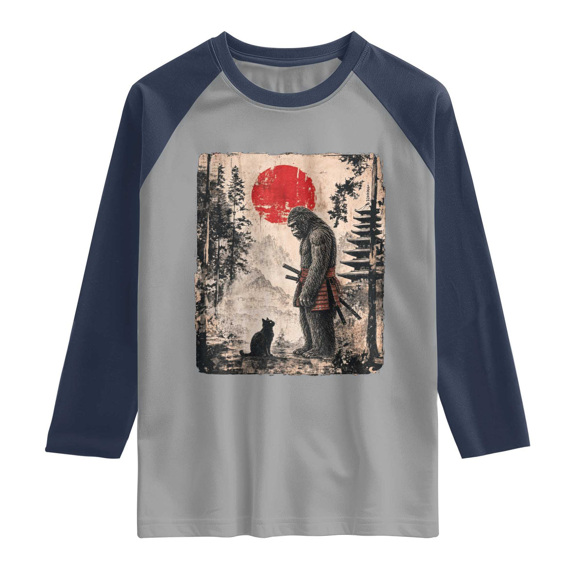 Vintage Japanese Art Bigfoot Samurai Warrior and Black Cat Raglan Shirt Sasquatch Lovers Vintage Graphic Ukiyo-e Art