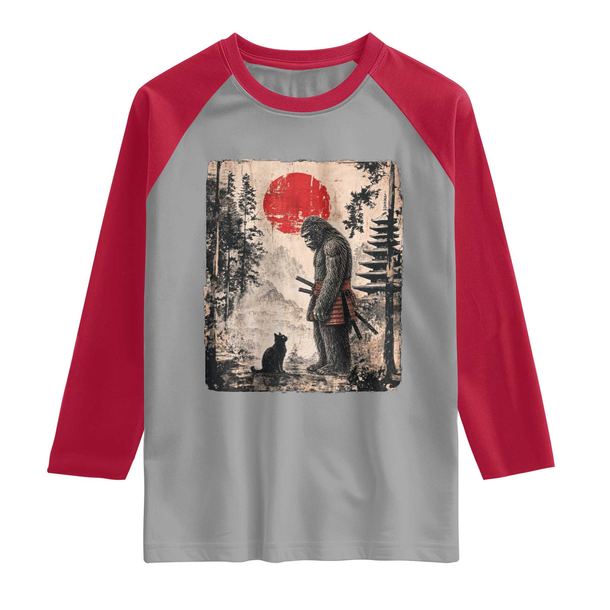 Vintage Japanese Art Bigfoot Samurai Warrior and Black Cat Raglan Shirt Sasquatch Lovers Vintage Graphic Ukiyo-e Art