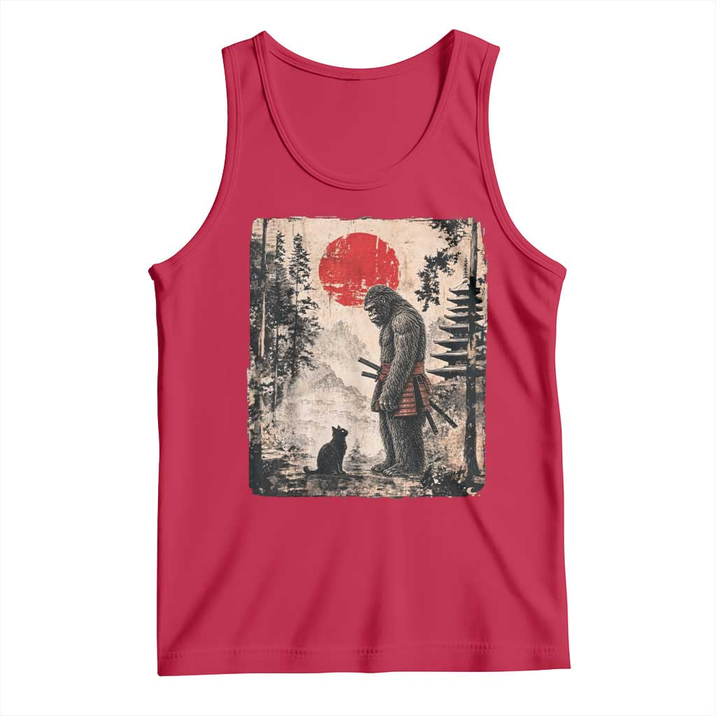 Vintage Japanese Art Bigfoot Samurai Warrior and Black Cat Tank Top Sasquatch Lovers Vintage Graphic Ukiyo-e Art