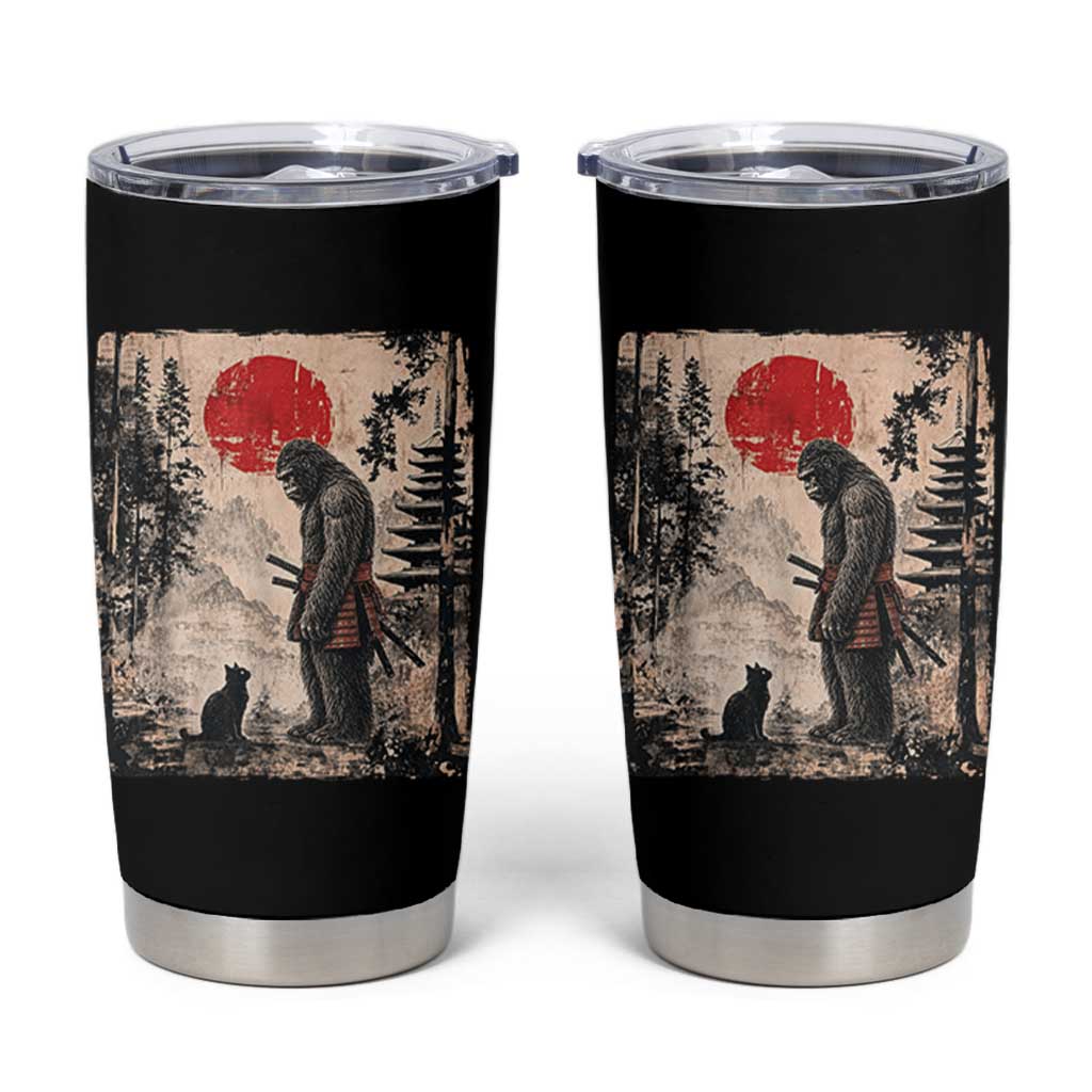Vintage Japanese Art Bigfoot Samurai Warrior and Black Cat Tumbler Cup Sasquatch Lovers Vintage Graphic Ukiyo-e Art