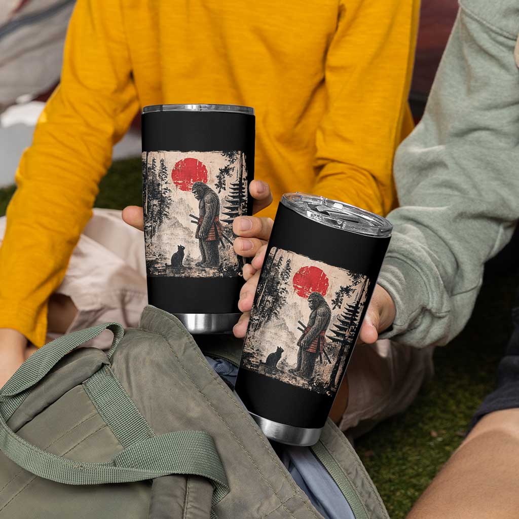 Vintage Japanese Art Bigfoot Samurai Warrior and Black Cat Tumbler Cup Sasquatch Lovers Vintage Graphic Ukiyo-e Art