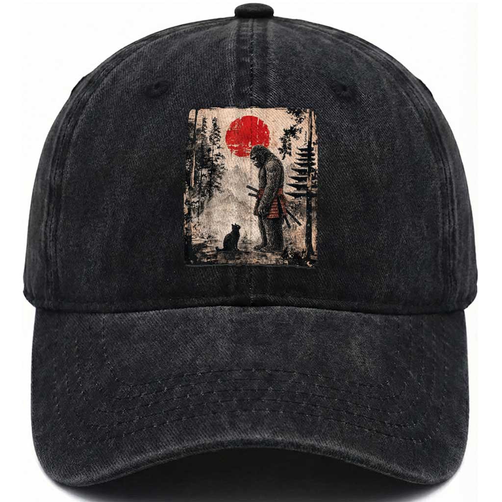 Vintage Japanese Art Bigfoot Samurai Warrior and Black Cat Washed Cotton Baseball Cap Sasquatch Lovers Vintage Graphic Ukiyo-e Art