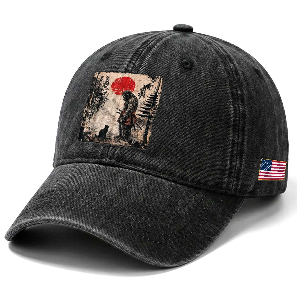 Vintage Japanese Art Bigfoot Samurai Warrior and Black Cat Washed Cotton Baseball Cap Sasquatch Lovers Vintage Graphic Ukiyo-e Art