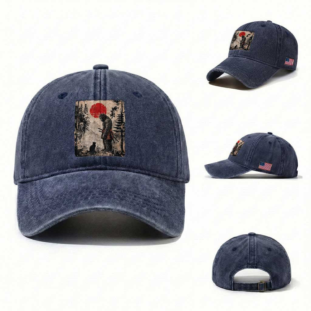 Vintage Japanese Art Bigfoot Samurai Warrior and Black Cat Washed Cotton Baseball Cap Sasquatch Lovers Vintage Graphic Ukiyo-e Art