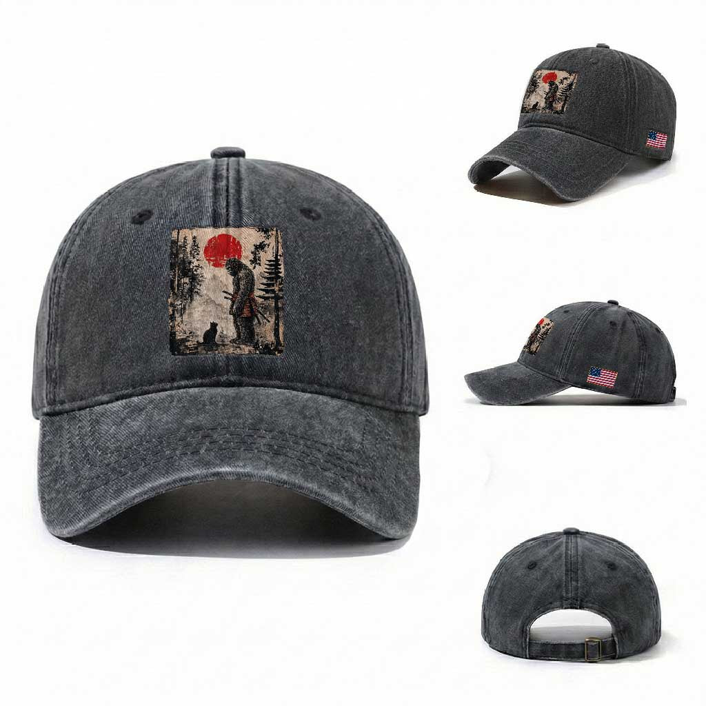 Vintage Japanese Art Bigfoot Samurai Warrior and Black Cat Washed Cotton Baseball Cap Sasquatch Lovers Vintage Graphic Ukiyo-e Art