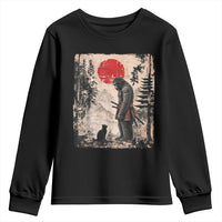 Vintage Japanese Art Bigfoot Samurai Warrior and Black Cat Youth Sweatshirt Sasquatch Lovers Vintage Graphic Ukiyo-e Art