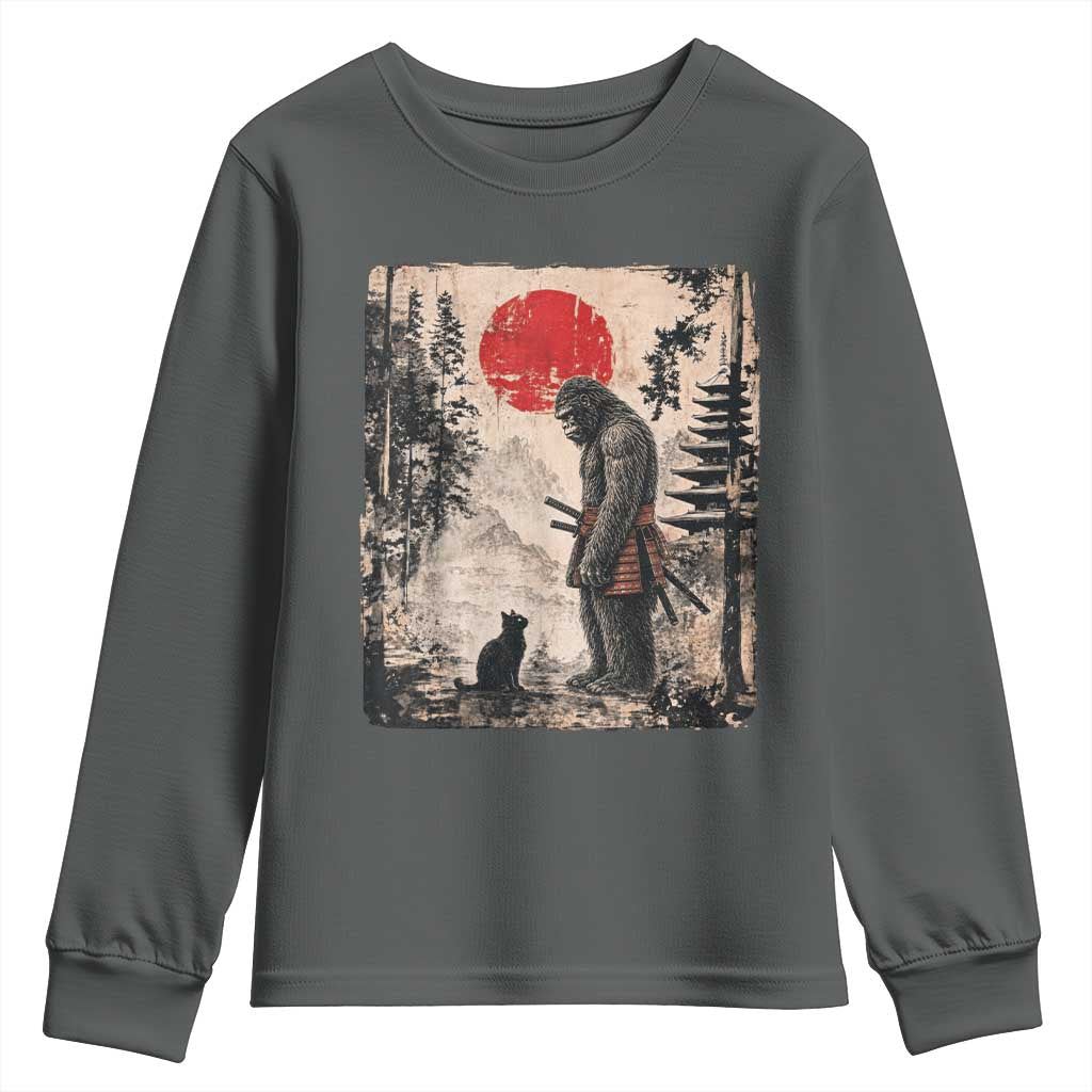 Vintage Japanese Art Bigfoot Samurai Warrior and Black Cat Youth Sweatshirt Sasquatch Lovers Vintage Graphic Ukiyo-e Art