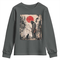 Vintage Japanese Art Bigfoot Samurai Warrior and Black Cat Youth Sweatshirt Sasquatch Lovers Vintage Graphic Ukiyo-e Art
