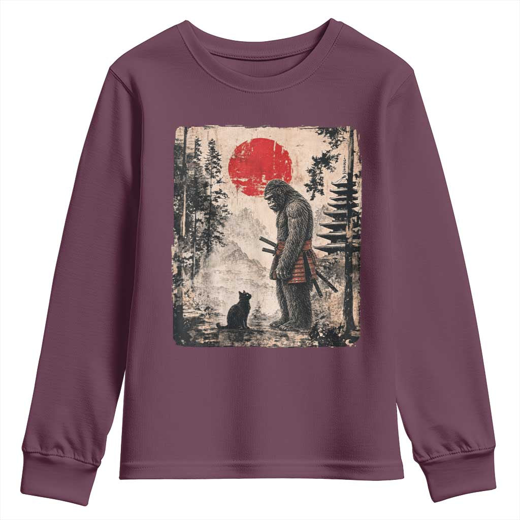 Vintage Japanese Art Bigfoot Samurai Warrior and Black Cat Youth Sweatshirt Sasquatch Lovers Vintage Graphic Ukiyo-e Art