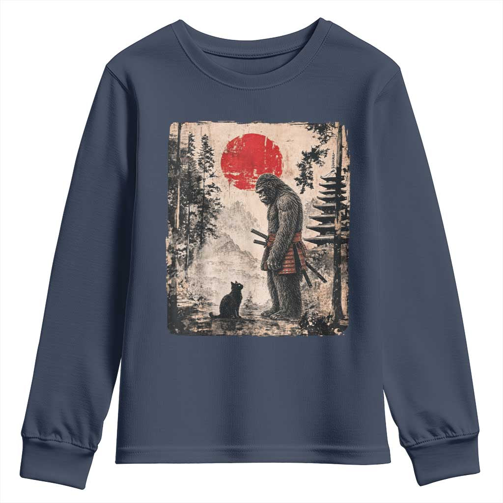 Vintage Japanese Art Bigfoot Samurai Warrior and Black Cat Youth Sweatshirt Sasquatch Lovers Vintage Graphic Ukiyo-e Art