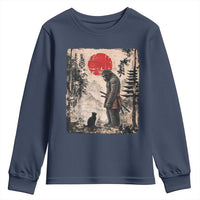 Vintage Japanese Art Bigfoot Samurai Warrior and Black Cat Youth Sweatshirt Sasquatch Lovers Vintage Graphic Ukiyo-e Art