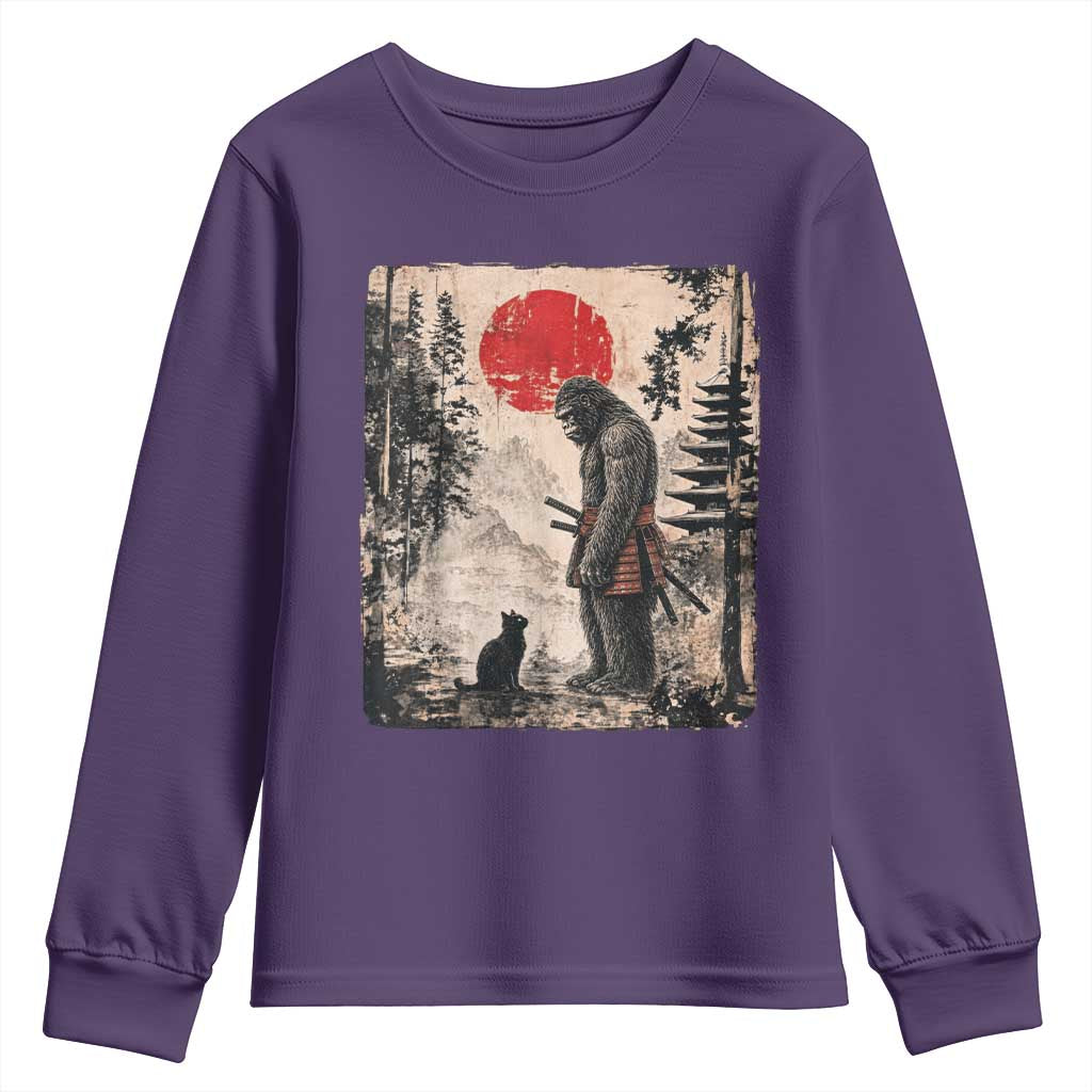 Vintage Japanese Art Bigfoot Samurai Warrior and Black Cat Youth Sweatshirt Sasquatch Lovers Vintage Graphic Ukiyo-e Art