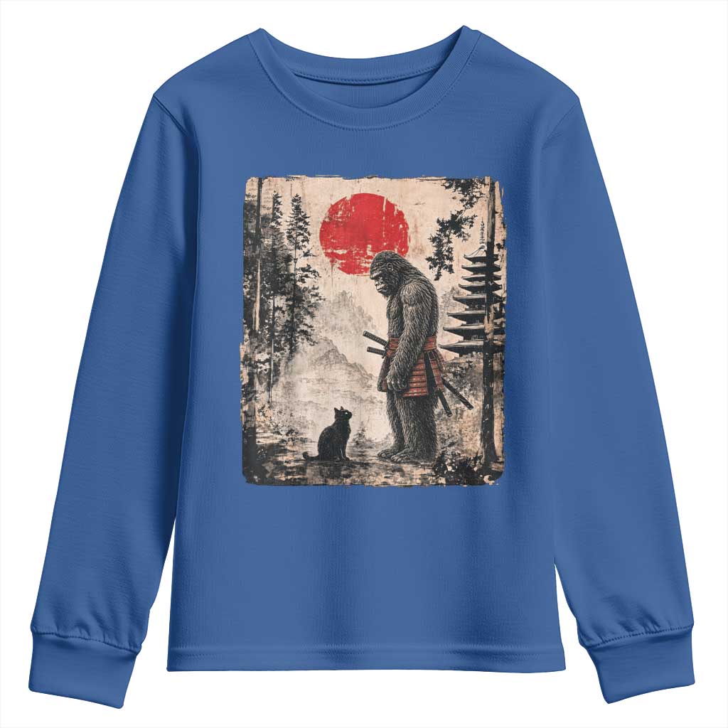 Vintage Japanese Art Bigfoot Samurai Warrior and Black Cat Youth Sweatshirt Sasquatch Lovers Vintage Graphic Ukiyo-e Art