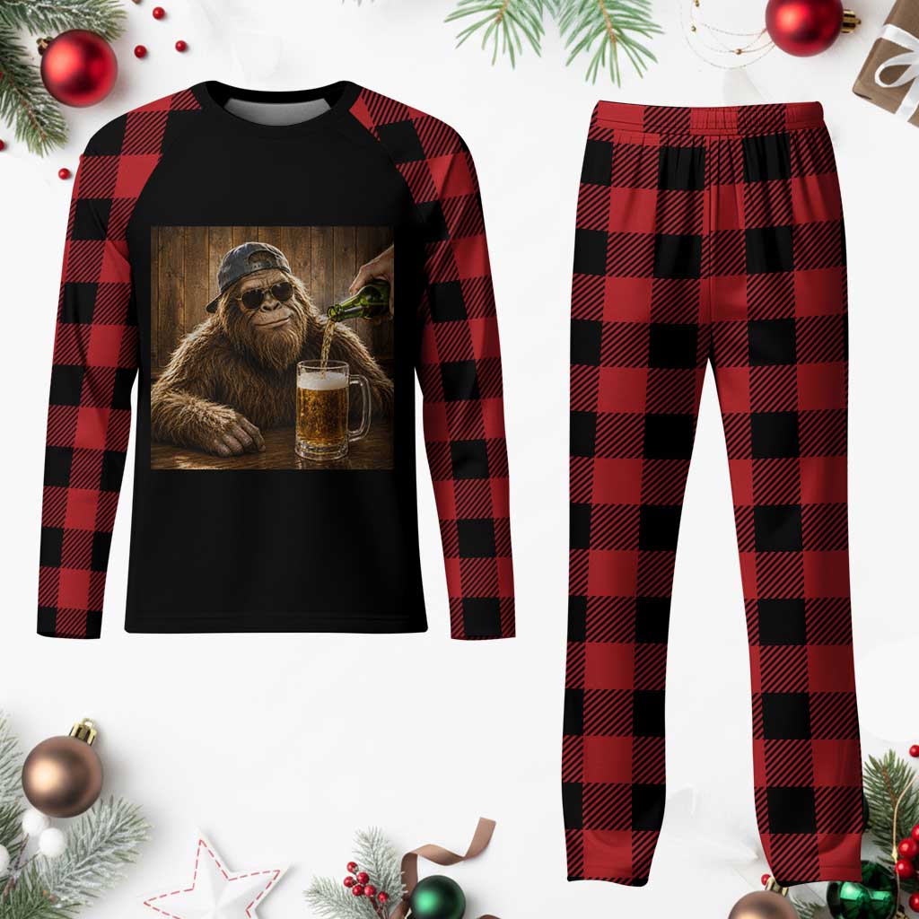 Funny Bigfoot Drinking Beer Plaid Pajama Set Vintage Cool Sunglasses Sasquatch Pub Graphic