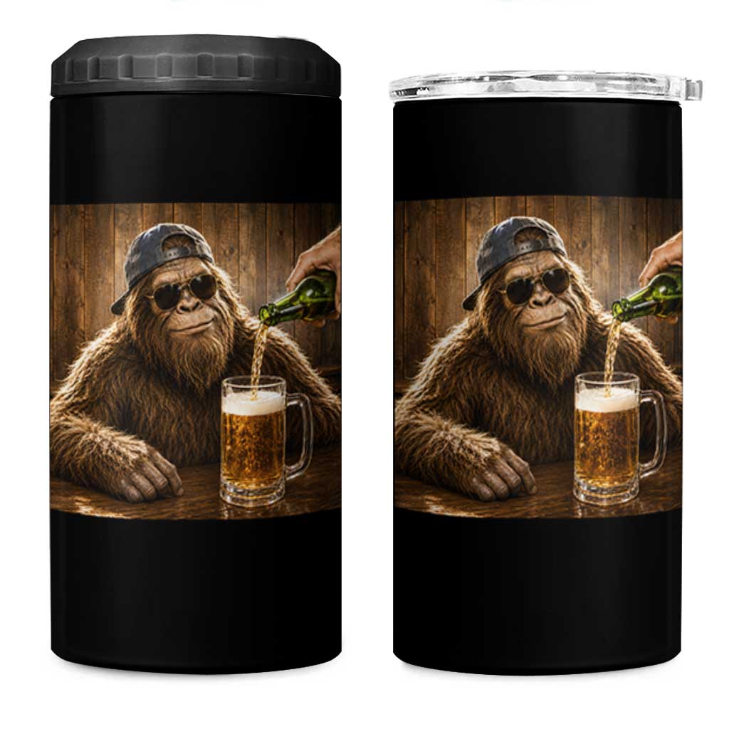 Funny Bigfoot Drinking Beer 4 in 1 Can Cooler Tumbler Vintage Cool Sunglasses Sasquatch Pub Graphic