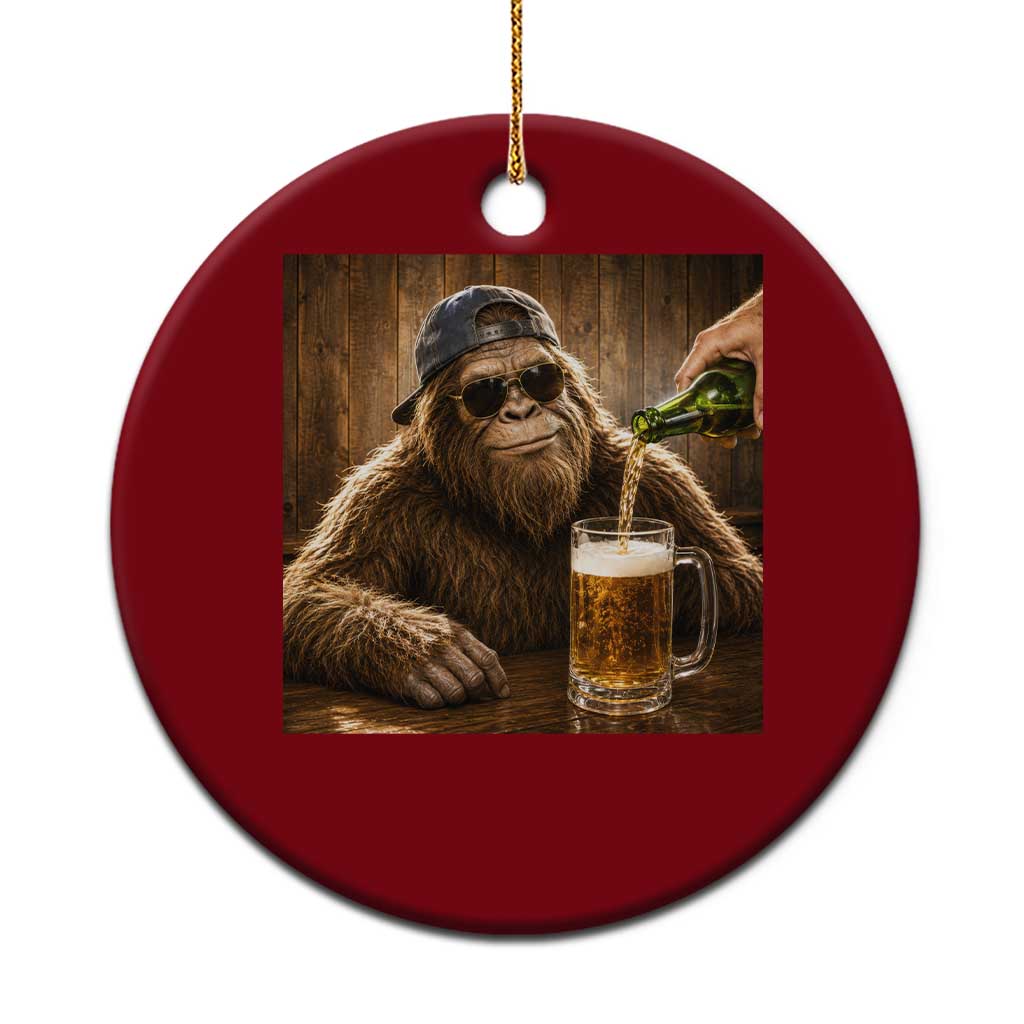 Funny Bigfoot Drinking Beer Ceramic Ornament Vintage Cool Sunglasses Sasquatch Pub Graphic