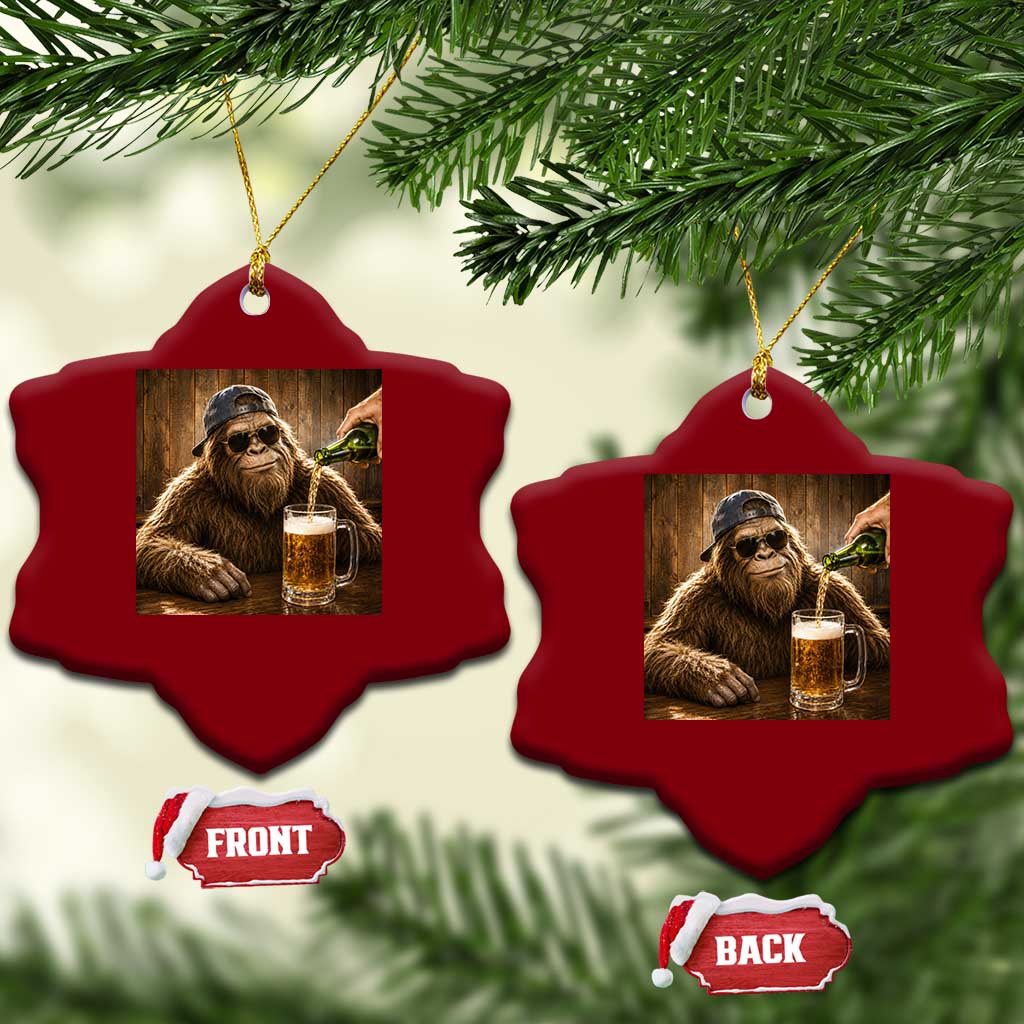 Funny Bigfoot Drinking Beer Ceramic Ornament Vintage Cool Sunglasses Sasquatch Pub Graphic