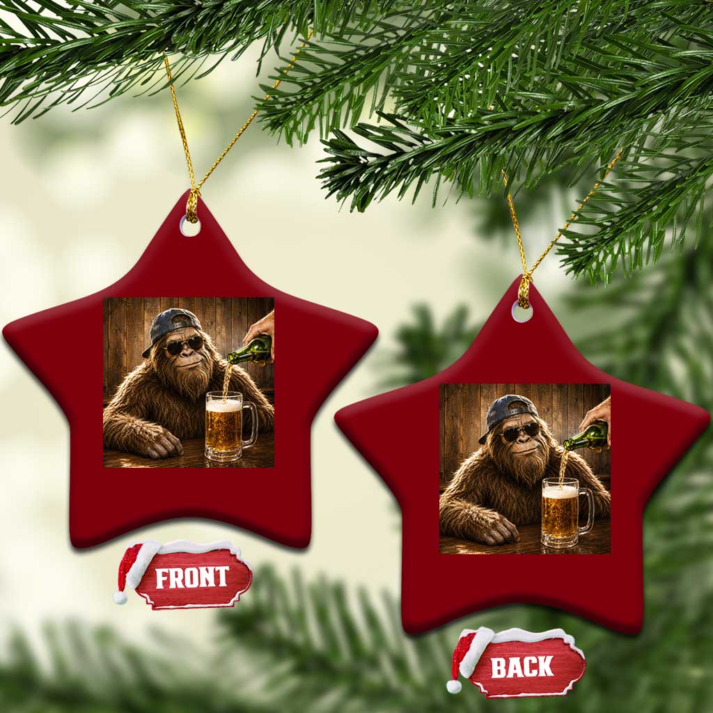 Funny Bigfoot Drinking Beer Ceramic Ornament Vintage Cool Sunglasses Sasquatch Pub Graphic