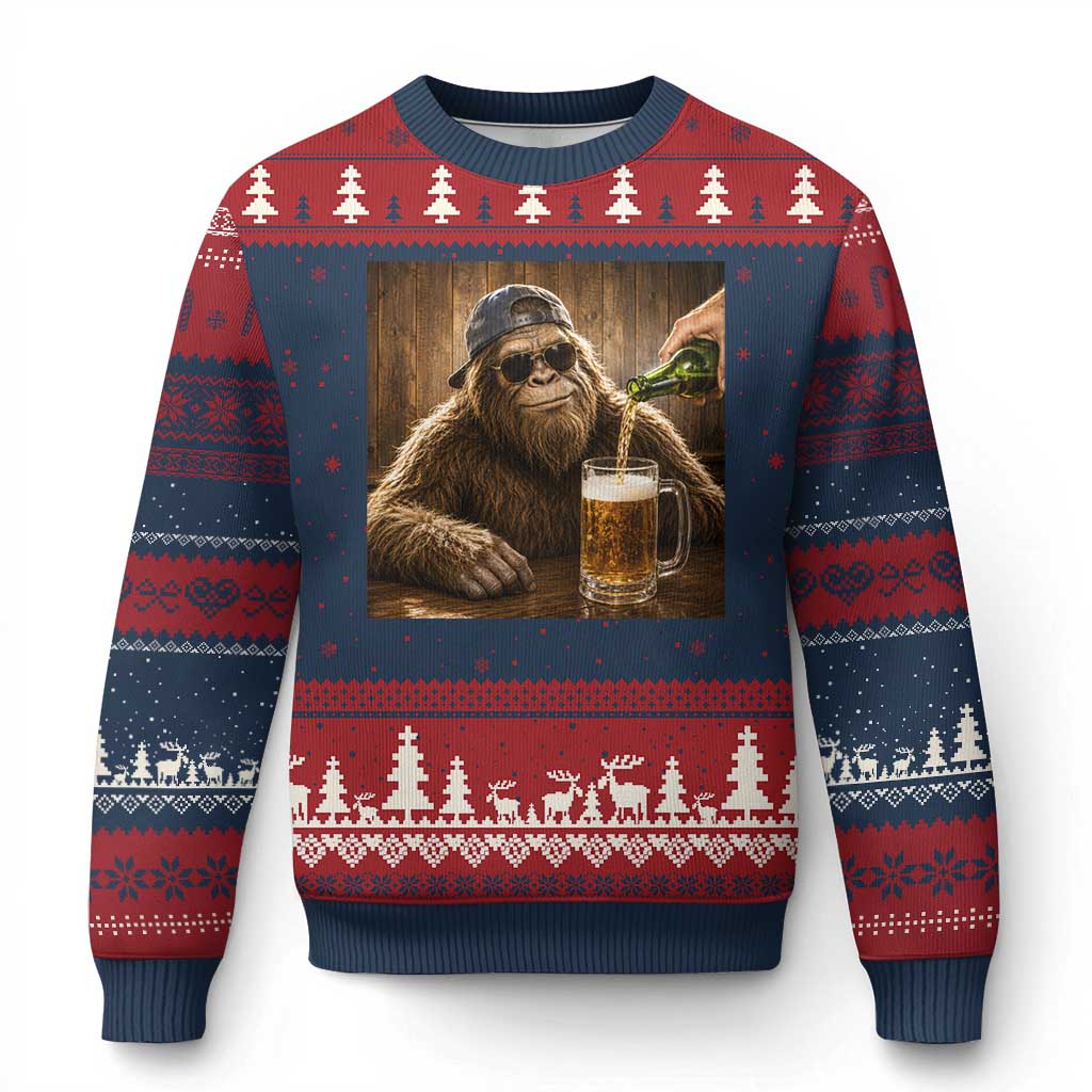 Funny Bigfoot Drinking Beer Ugly Christmas Sweater Vintage Cool Sunglasses Sasquatch Pub Graphic