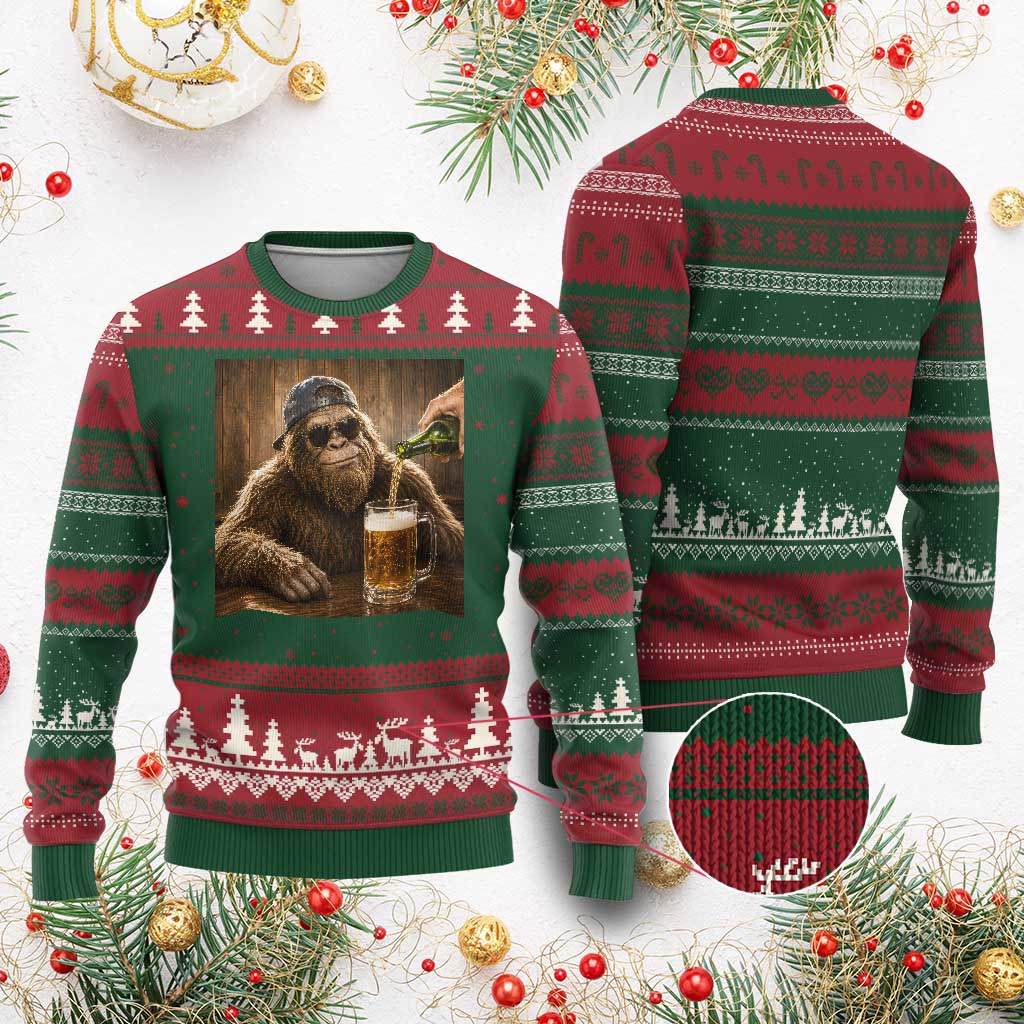 Funny Bigfoot Drinking Beer Ugly Christmas Sweater Vintage Cool Sunglasses Sasquatch Pub Graphic