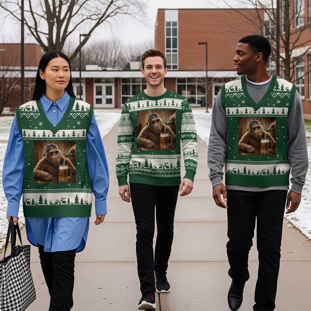 Funny Bigfoot Drinking Beer V-Neck Knit Sweater Vest Vintage Cool Sunglasses Sasquatch Pub Graphic