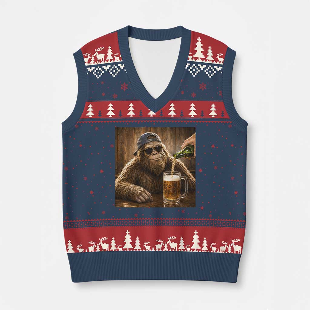 Funny Bigfoot Drinking Beer V-Neck Knit Sweater Vest Vintage Cool Sunglasses Sasquatch Pub Graphic