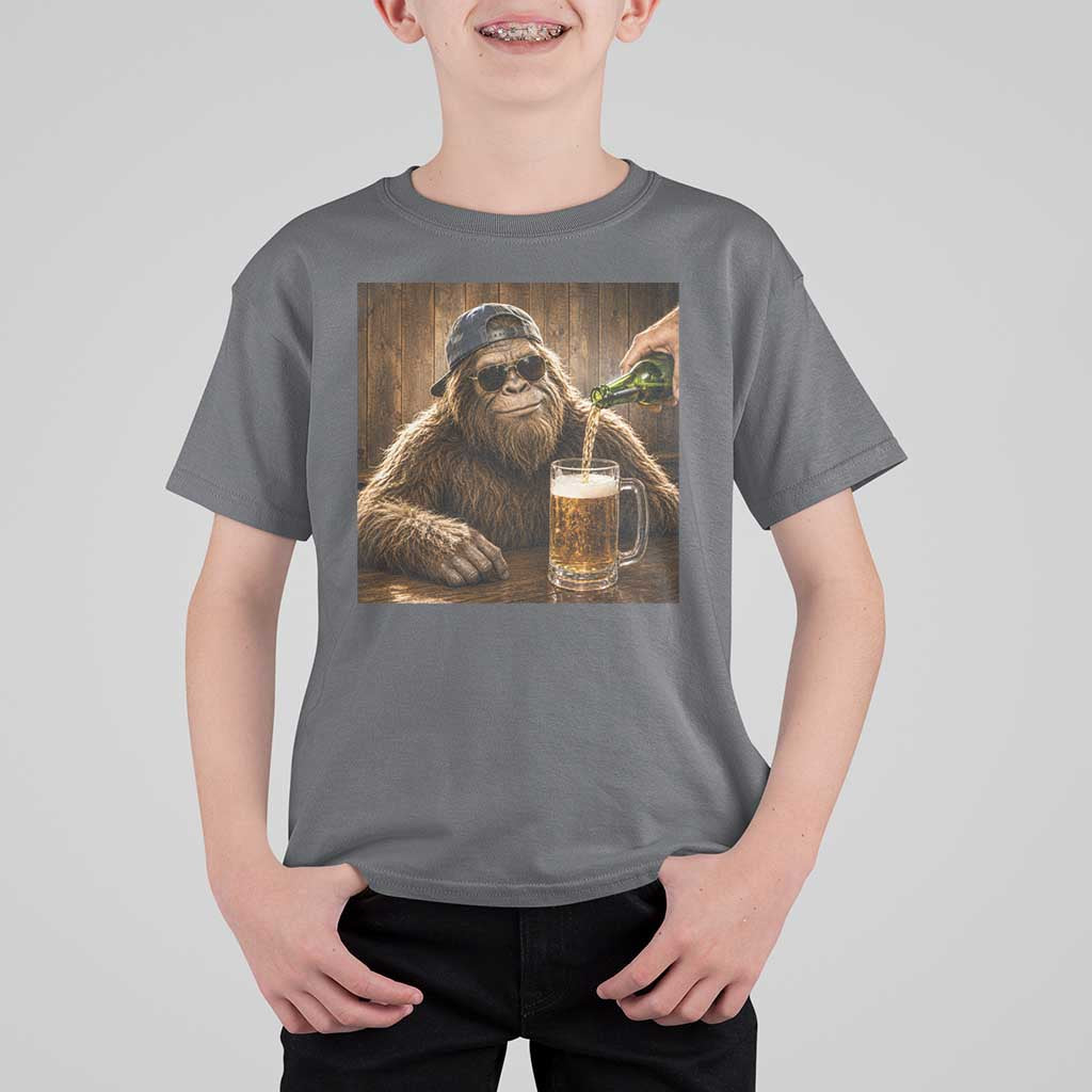 Funny Bigfoot Drinking Beer T Shirt For Kid Vintage Cool Sunglasses Sasquatch Pub Graphic