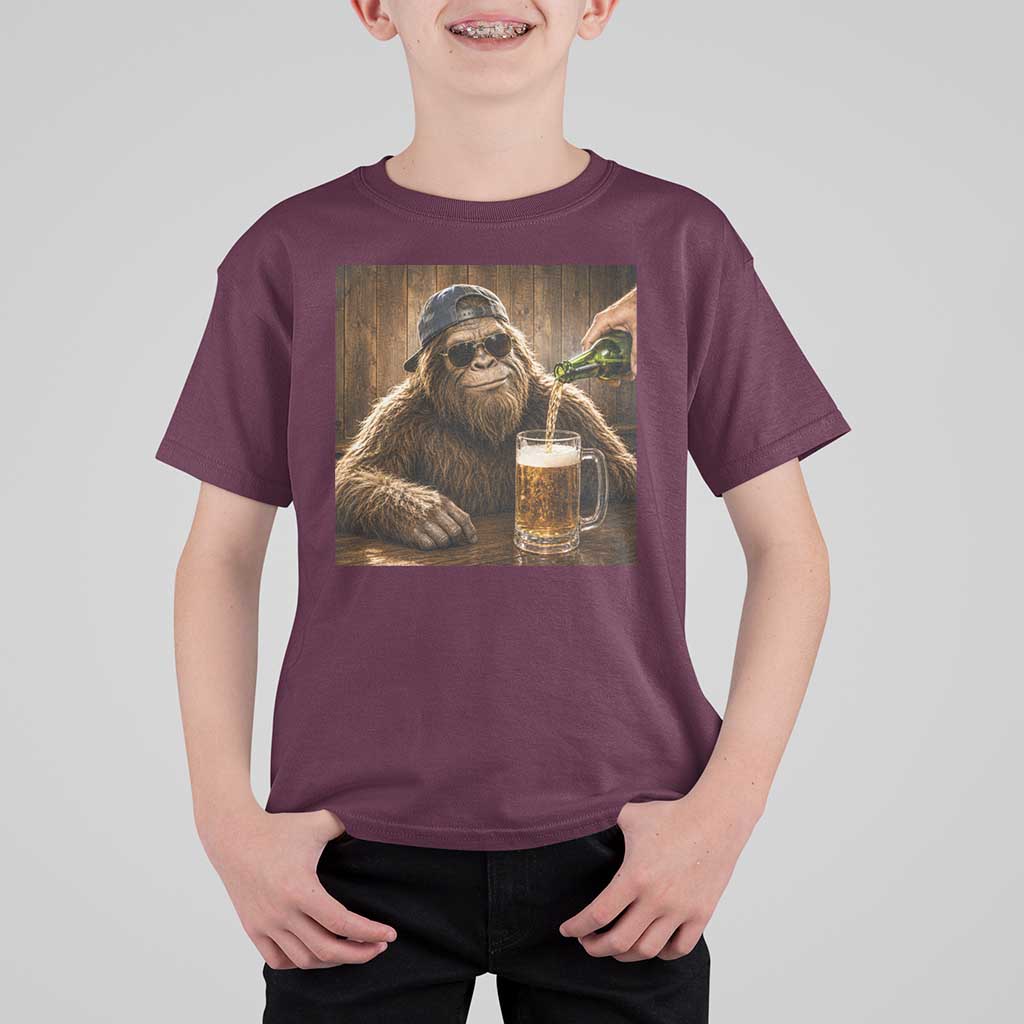 Funny Bigfoot Drinking Beer T Shirt For Kid Vintage Cool Sunglasses Sasquatch Pub Graphic