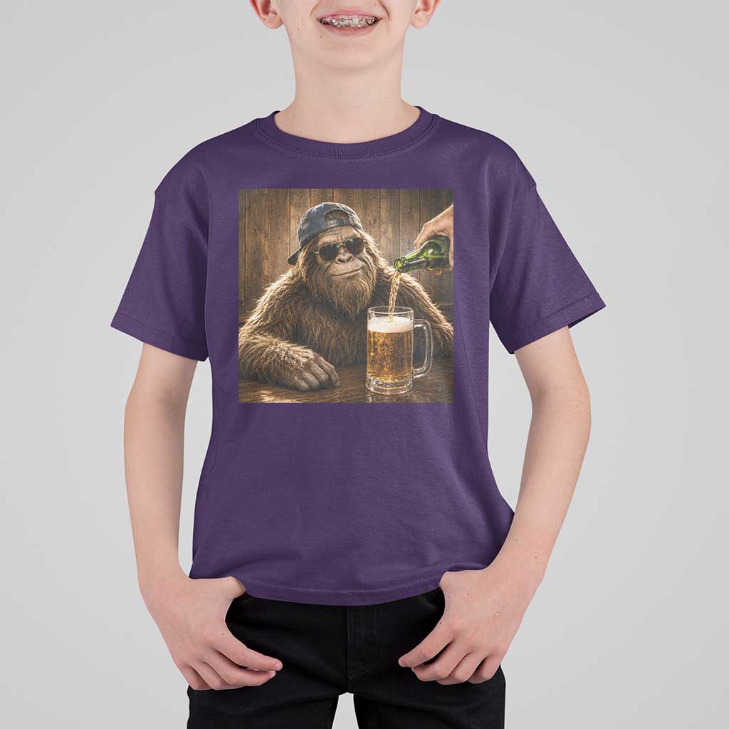 Funny Bigfoot Drinking Beer T Shirt For Kid Vintage Cool Sunglasses Sasquatch Pub Graphic