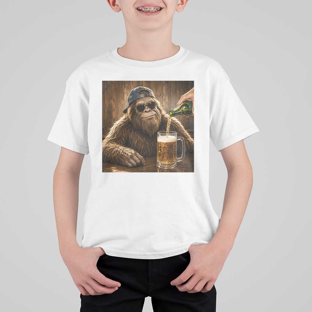Funny Bigfoot Drinking Beer T Shirt For Kid Vintage Cool Sunglasses Sasquatch Pub Graphic